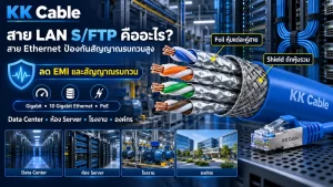 สาย LAN S/FTP มี Foil หุ้มแต่ละคู่สายและ Shield ถักหุ้มรวมเพื่อป้องกันสัญญาณรบกวน
