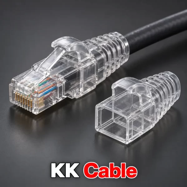 ยางครอบหัว RJ45 LINK CAT5e แบบล็อกสีใส รุ่น US-6510 พร้อมตัวอย่างติดตั้งกับสายแลน และข้อความ KK Cable