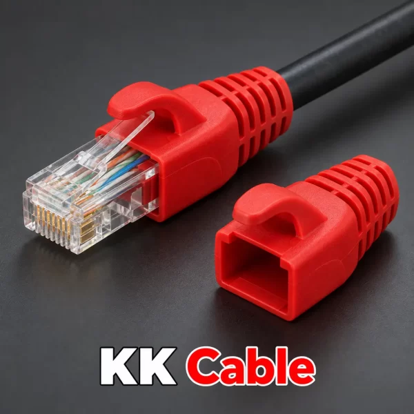 link-cat5e-locking-rj45-boot-us-6512-red ยางครอบหัว RJ45 LINK CAT5e แบบล็อกสีแดง รุ่น US-6512 พร้อมตัวอย่างติดตั้งกับสายแลน และข้อความ KK Cable