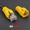 ยางครอบหัว RJ45 LINK CAT5e แบบล็อกสีเหลือง รุ่น US-6515 พร้อมตัวอย่างติดตั้งกับสายแลน และข้อความ KK Cable