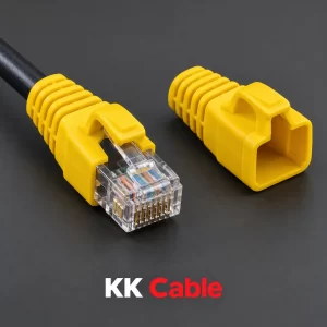 link-cat5e-locking-rj45-boot-us-6515-yellow ยางครอบหัว RJ45 LINK CAT5e แบบล็อกสีเหลือง รุ่น US-6515 พร้อมตัวอย่างติดตั้งกับสายแลน และข้อความ KK Cable