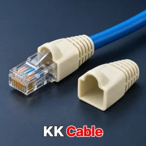 link-cat5e-rj45-boot-us-6001-ivory (2) ยางครอบหัว RJ45 LINK CAT5e สีงา รุ่น US-6001 พร้อมตัวอย่างติดตั้งกับหัว RJ45 และข้อความ KK Cable