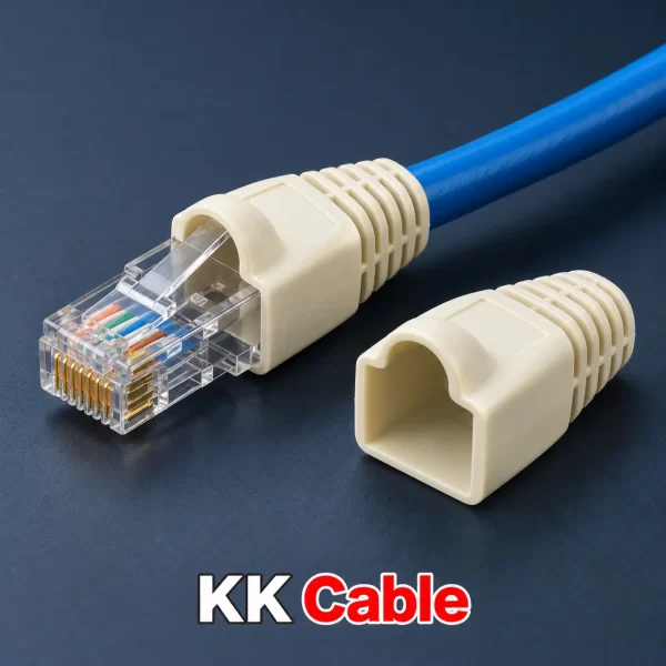 ยางครอบหัว RJ45 LINK CAT5e สีงา รุ่น US-6001 พร้อมตัวอย่างติดตั้งกับหัว RJ45 และข้อความ KK Cable