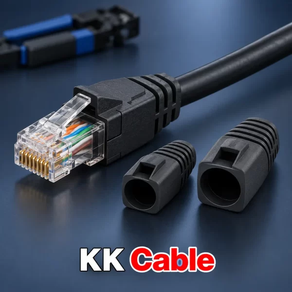 หัว RJ45 LINK CAT6A UTP รุ่น US-1070A พร้อมบูทสองขนาดสำหรับสาย 7.8 และ 8.5 มม. และข้อความ KK Cable