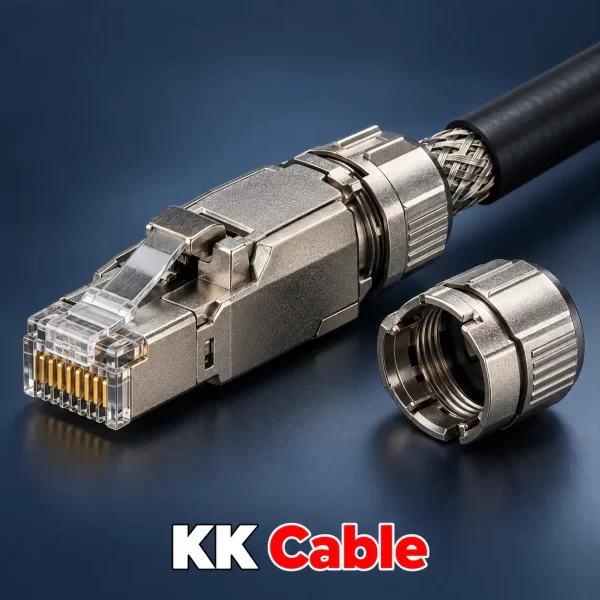 หัว RJ45 LINK CAT8 แบบชิลด์ รุ่น US-1081 ตัวเรือนโลหะชุบนิกเกิล พร้อมส่วนประกอบสำหรับเข้าหัวภาคสนาม และข้อความ KK Cable