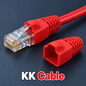 link-cat5e-rj45-boot-us-6002-red ยางครอบหัว RJ45 LINK CAT5e สีแดง รุ่น US-6002 พร้อมตัวอย่างติดตั้งกับหัว RJ45 และข้อความ KK Cable