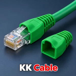link-cat5e-rj45-boot-us-6003-green ยางครอบหัว RJ45 LINK CAT5e สีเขียว รุ่น US-6003 พร้อมตัวอย่างติดตั้งกับหัว RJ45 และข้อความ KK Cable