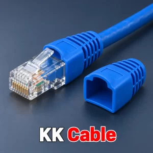link-cat5e-rj45-boot-us-6004-blue ยางครอบหัว RJ45 LINK CAT5e สีฟ้า รุ่น US-6004 พร้อมตัวอย่างติดตั้งกับหัว RJ45 และข้อความ KK Cable