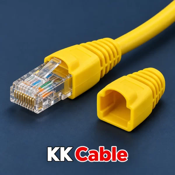 ยางครอบหัว RJ45 LINK CAT5e สีเหลือง รุ่น US-6005 พร้อมตัวอย่างติดตั้งกับหัว RJ45 และข้อความ KK Cable