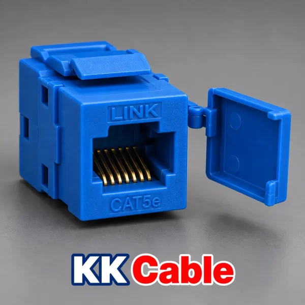 แจ็ก RJ45 ตัวเมีย LINK CAT5e รุ่น US-1005SC4 แบบ Slim สีฟ้า พร้อมฝากันฝุ่นและข้อความ KK Cable