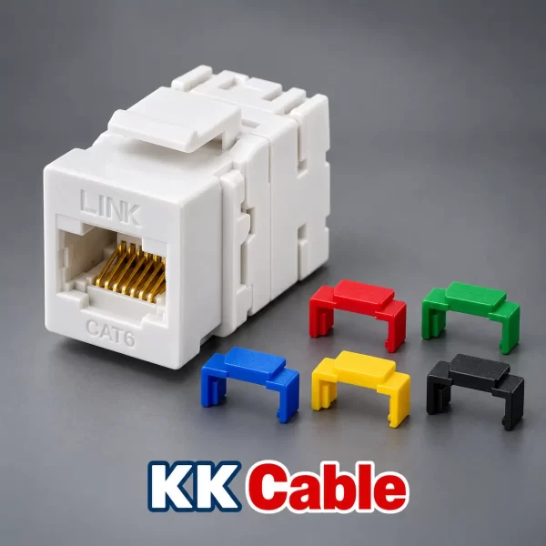 link-cat6-female-rj45-us-1006a-5-colors แจ็ก RJ45 ตัวเมีย LINK CAT6 รุ่น US-1006A สีขาว พร้อมชิ้นส่วนเปลี่ยนสีแดง เขียว ฟ้า เหลือง และดำ พร้อมข้อความ KK Cable