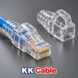 ยางครอบหัว RJ45 LINK CAT6 แบบล็อกสีใส รุ่น US-6620A พร้อมตัวอย่างติดตั้งกับหัว RJ45 และข้อความ KK Cable
