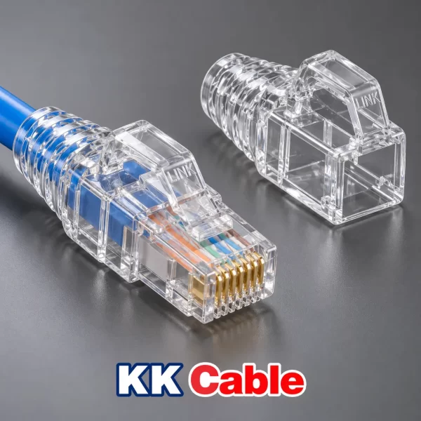 link-cat6-locking-rj45-boot-us-6620a-clear ยางครอบหัว RJ45 LINK CAT6 แบบล็อกสีใส รุ่น US-6620A พร้อมตัวอย่างติดตั้งกับหัว RJ45 และข้อความ KK Cable