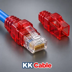 ยางครอบหัว RJ45 LINK CAT6 แบบล็อกสีแดง รุ่น US-6622A แบบใส พร้อมตัวอย่างติดตั้งกับหัว RJ45 และข้อความ KK Cable