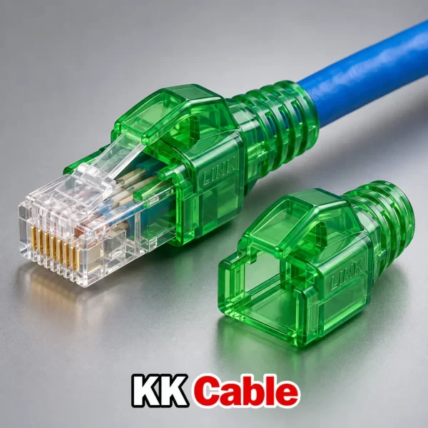 link-cat6-locking-rj45-boot-us-6623a-green ยางครอบหัว RJ45 LINK CAT6 แบบล็อกสีเขียว รุ่น US-6623A แบบใส พร้อมตัวอย่างติดตั้งกับหัว RJ45 และข้อความ KK Cable