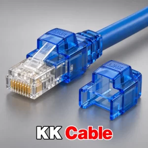 ยางครอบหัว RJ45 LINK CAT6 แบบล็อกสีฟ้า รุ่น US-6624A แบบใส พร้อมตัวอย่างติดตั้งกับหัว RJ45 และข้อความ KK Cable