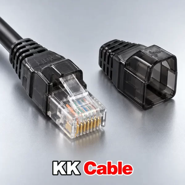 link-cat6-locking-rj45-boot-us-6626a-black ยางครอบหัว RJ45 LINK CAT6 แบบล็อกสีดำ รุ่น US-6626A พร้อมตัวอย่างติดตั้งกับหัว RJ45 และข้อความ KK Cable